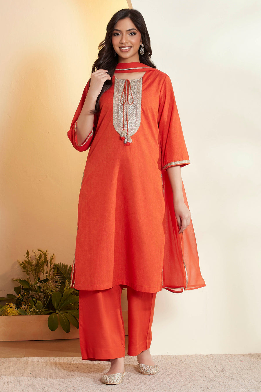 Rust Cotton Yoke Design Straight Kurta Set KS60