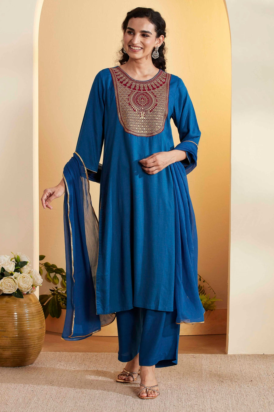 Blue Viscose Rayon Yoke Design Straight Kurta Set KS60