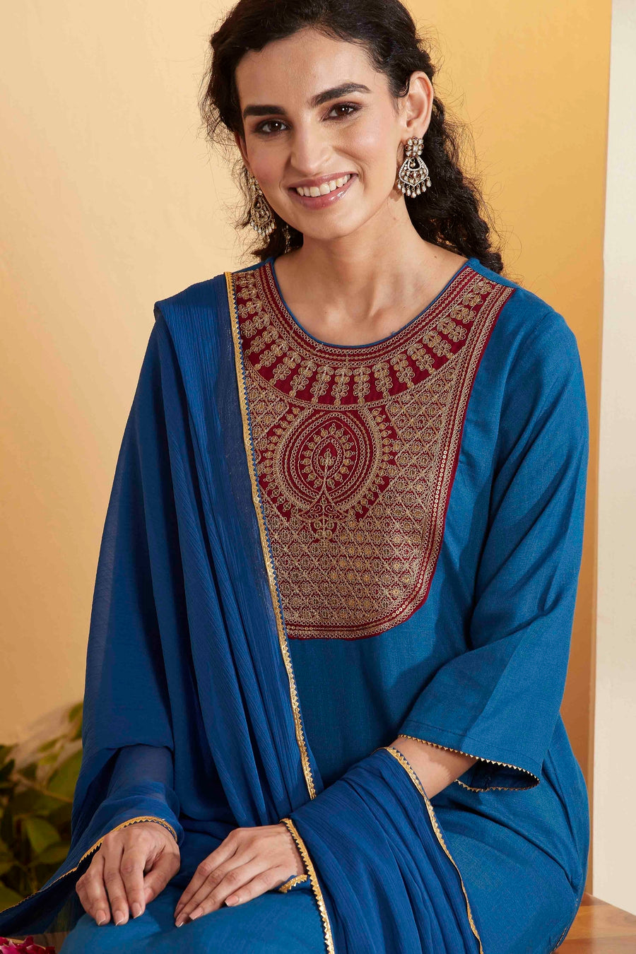 Blue Viscose Rayon Yoke Design Straight Kurta Set KS60