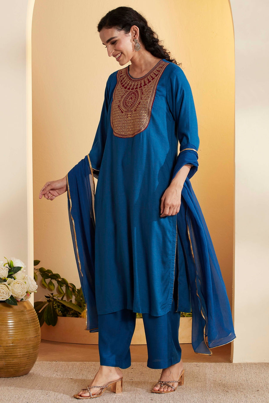 Blue Viscose Rayon Yoke Design Straight Kurta Set KS60