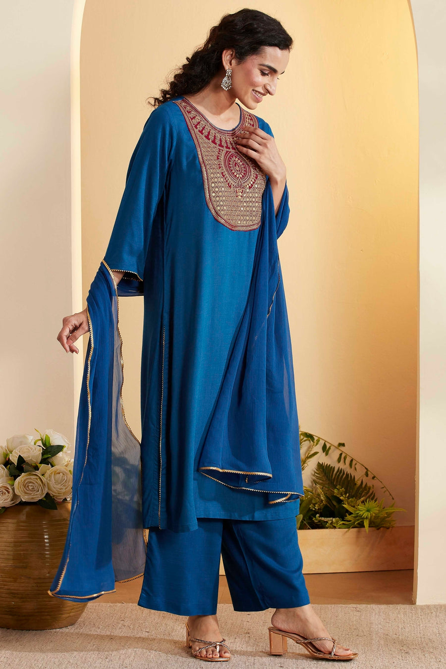 Blue Viscose Rayon Yoke Design Straight Kurta Set KS60