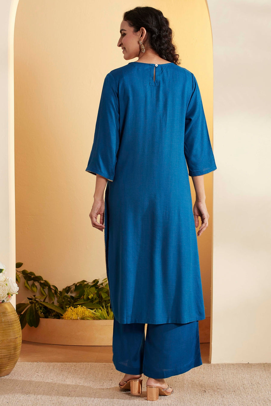 Blue Viscose Rayon Yoke Design Straight Kurta Set KS60