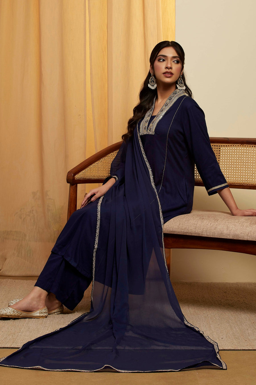 Navy Blue Viscose Rayon Yoke Design Straight Kurta Set KS60