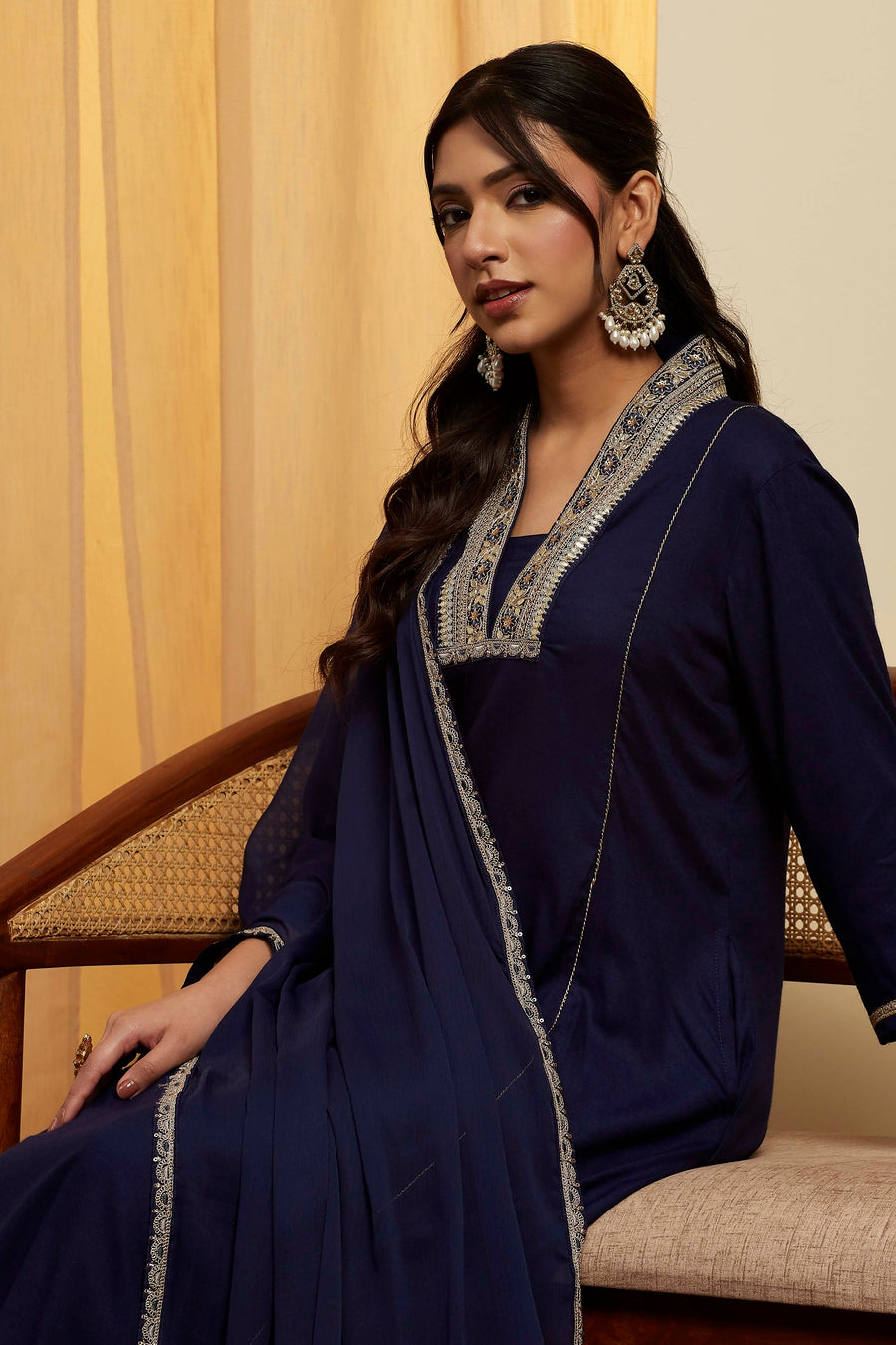 Navy Blue Viscose Rayon Yoke Design Straight Kurta Set KS60
