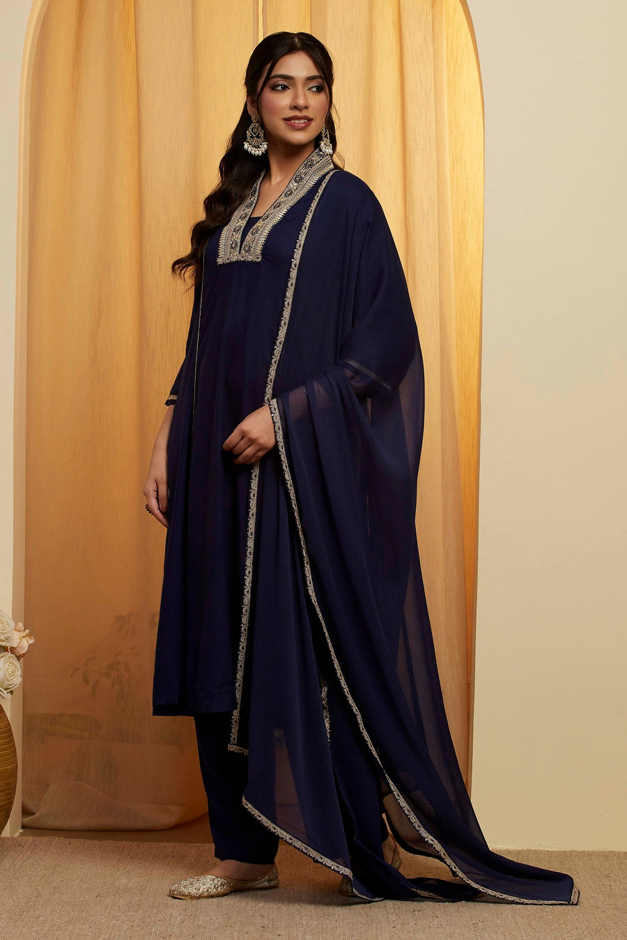 Navy Blue Viscose Rayon Yoke Design Straight Kurta Set KS60