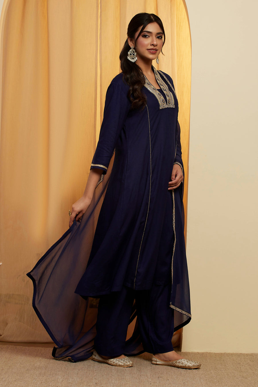 Navy Blue Viscose Rayon Yoke Design Straight Kurta Set KS60
