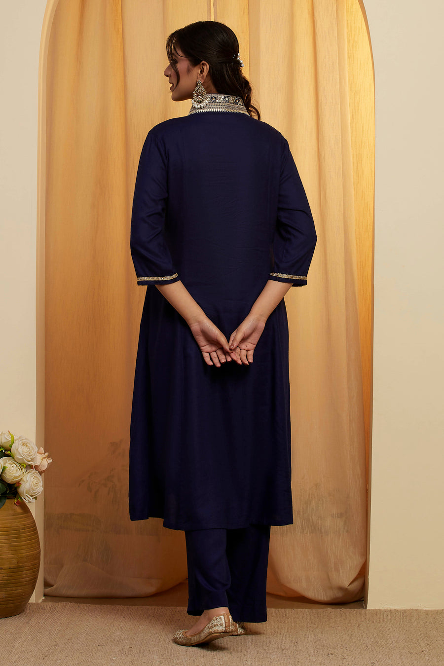 Navy Blue Viscose Rayon Yoke Design Straight Kurta Set KS60