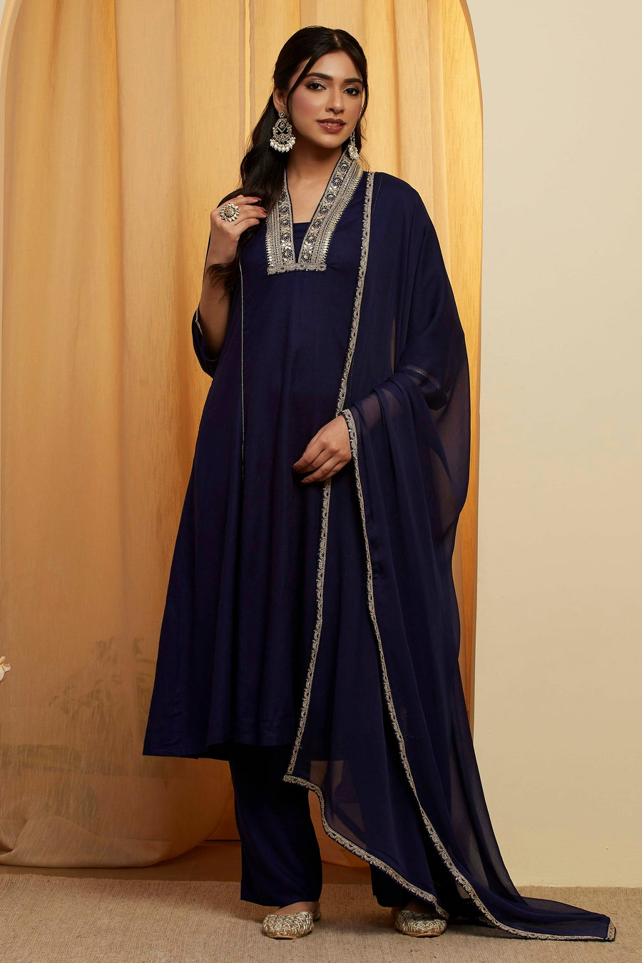 Navy Blue Viscose Rayon Yoke Design Straight Kurta Set KS60