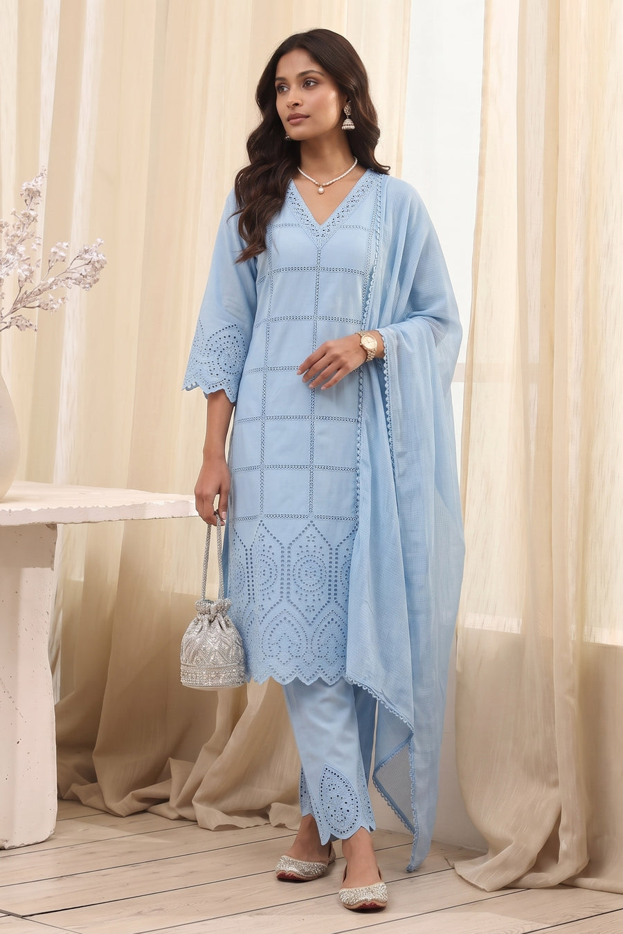 Powder Blue Cotton Schiffli Straight Kurta Set KS60
