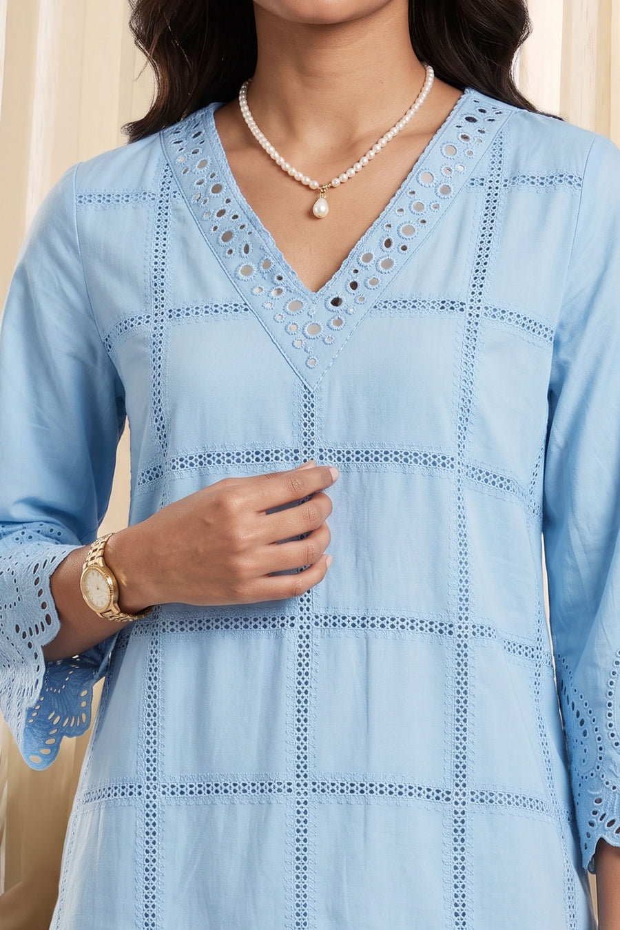 Powder Blue Cotton Schiffli Straight Kurta Set KS60