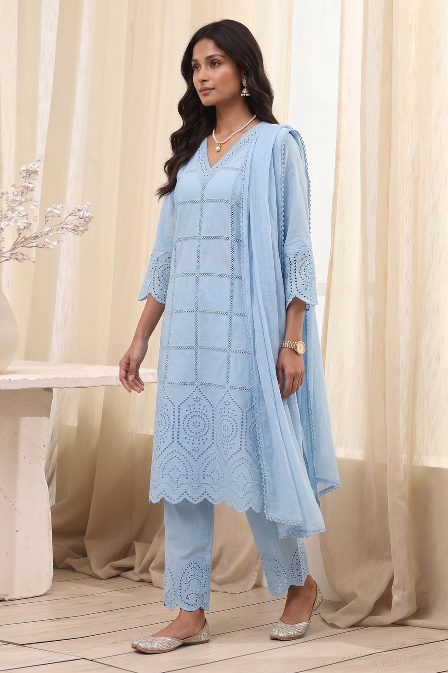 Powder Blue Cotton Schiffli Straight Kurta Set KS60