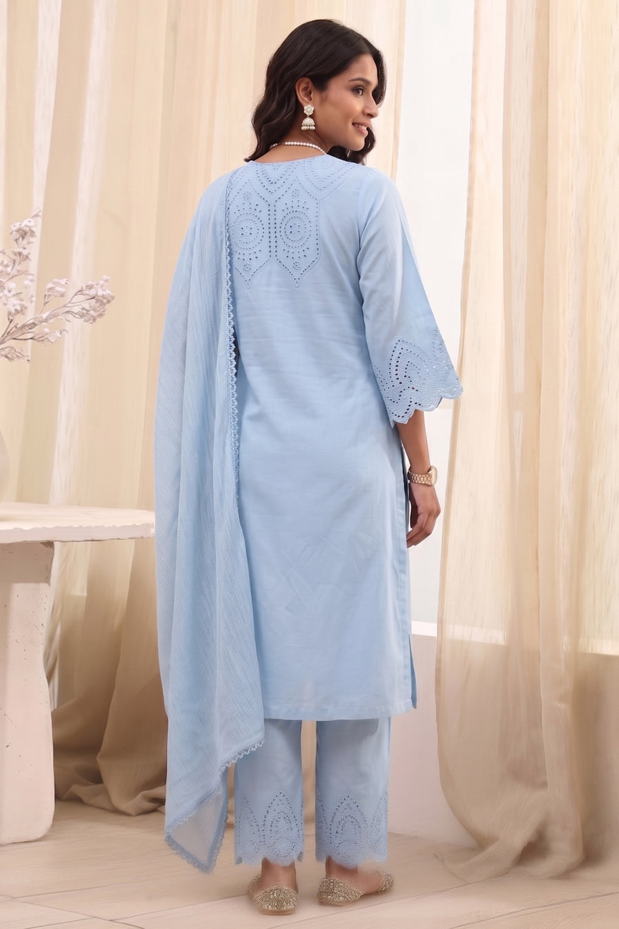 Powder Blue Cotton Schiffli Straight Kurta Set KS60