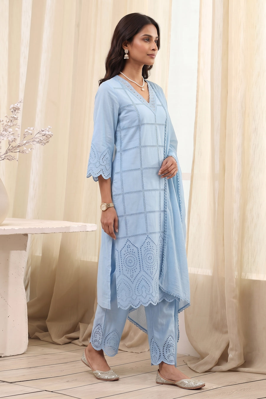 Powder Blue Cotton Schiffli Straight Kurta Set KS60