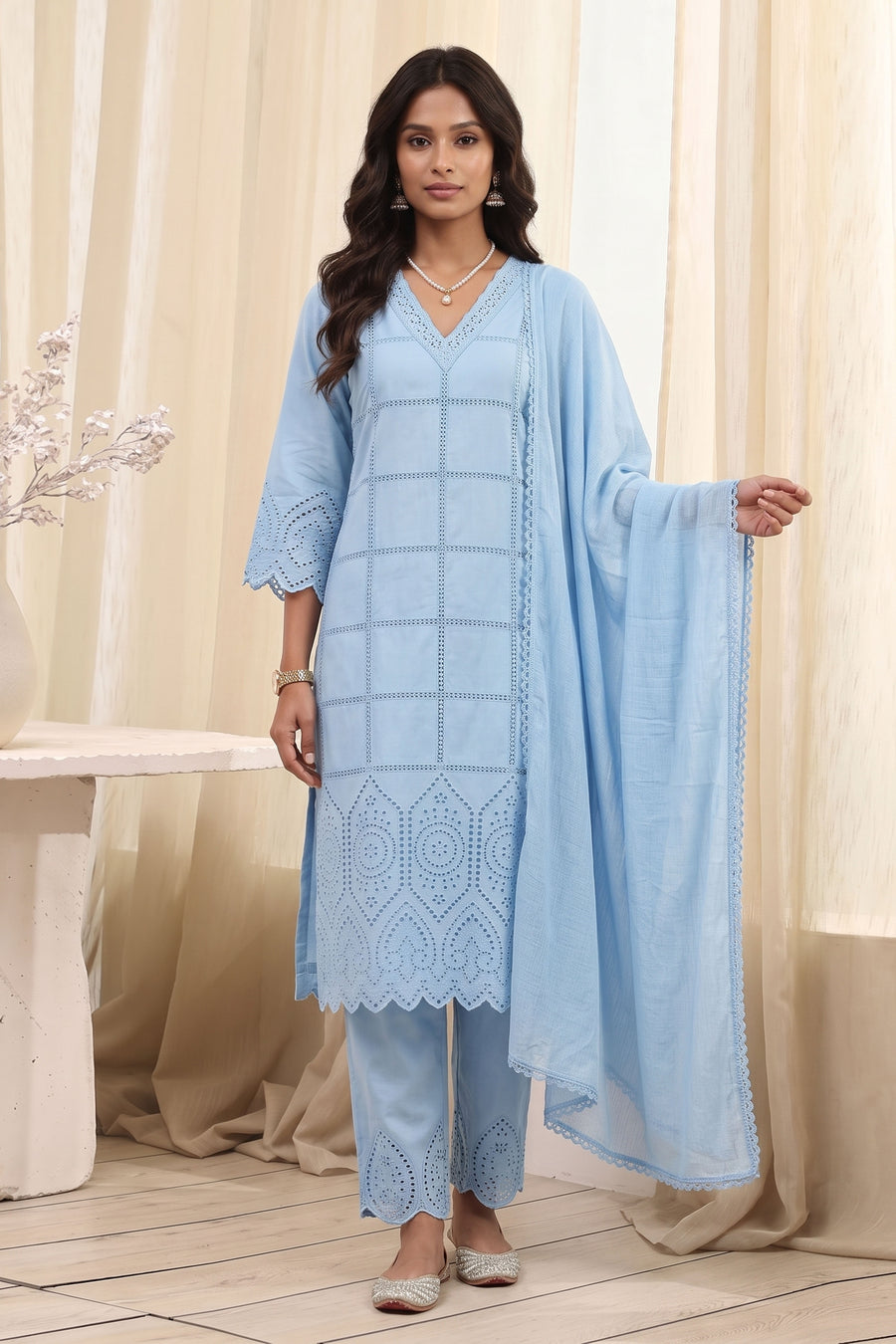 Powder Blue Cotton Schiffli Straight Kurta Set KS60