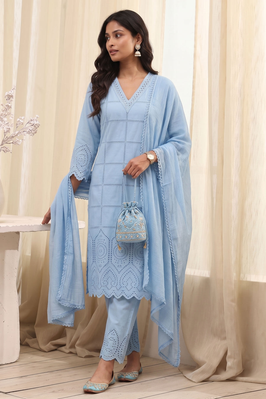 Powder Blue Cotton Schiffli Straight Kurta Set KS60