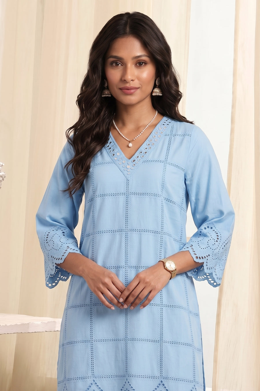 Powder Blue Cotton Schiffli Straight Kurta Set KS60
