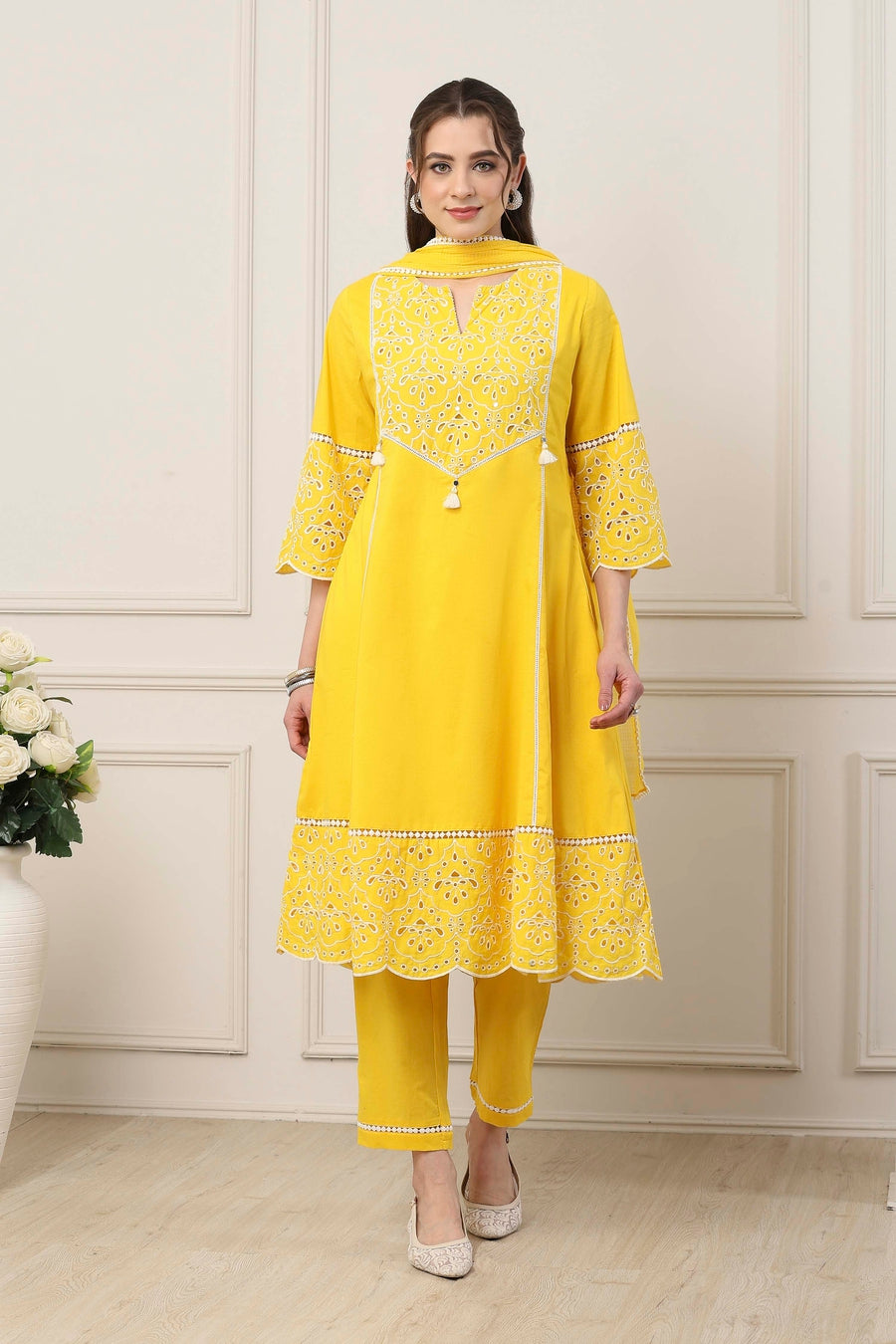 Yellow Cotton Schiffli Embroidered Kalidar Suit Set KS60