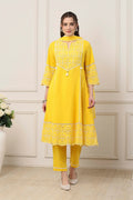 Yellow Cotton Schiffli Embroidered Kalidar Suit Set KS60