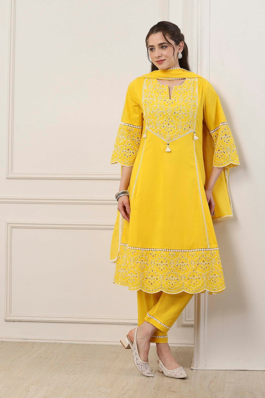 Yellow Cotton Schiffli Embroidered Kalidar Suit Set KS60
