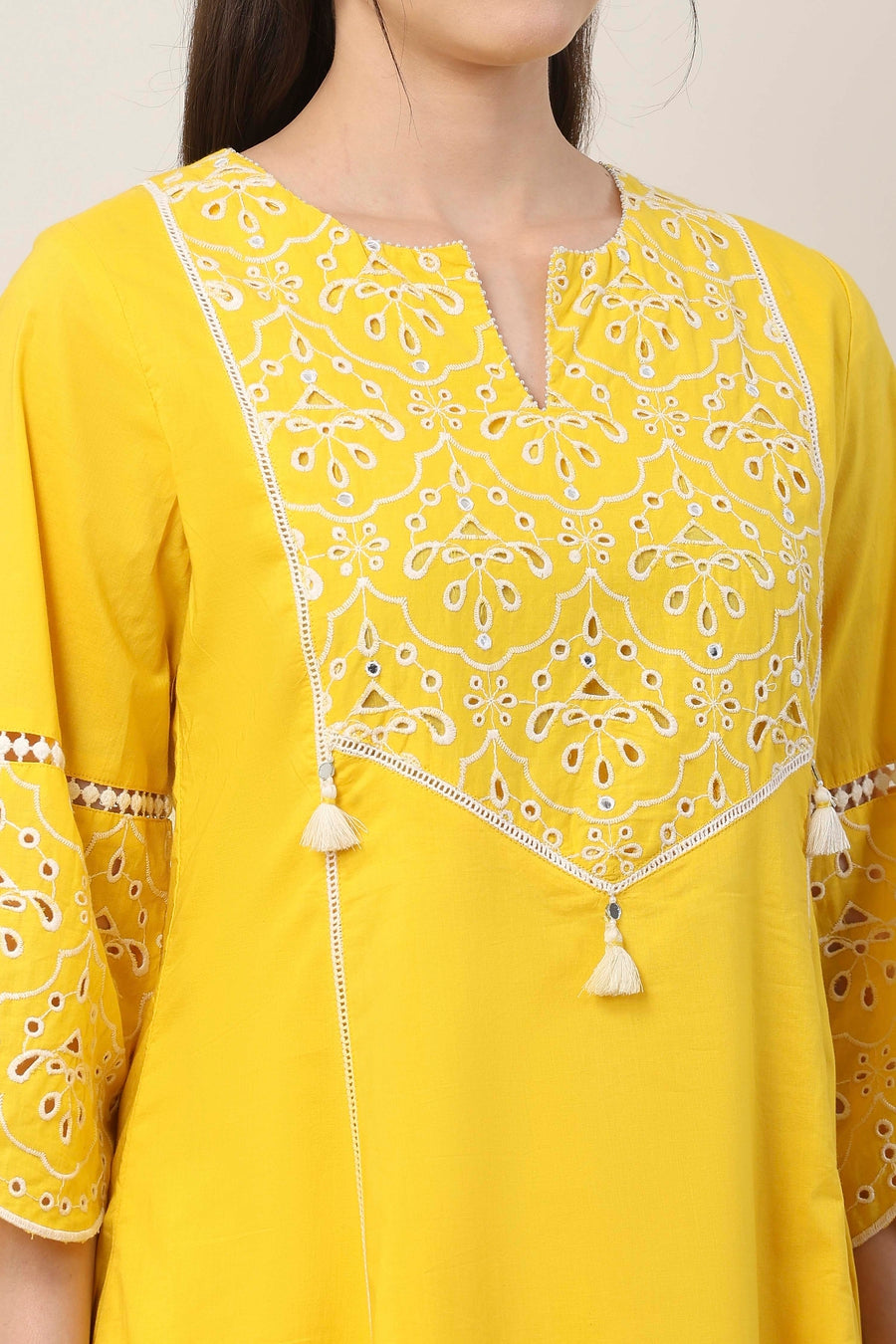 Yellow Cotton Schiffli Embroidered Kalidar Suit Set KS60