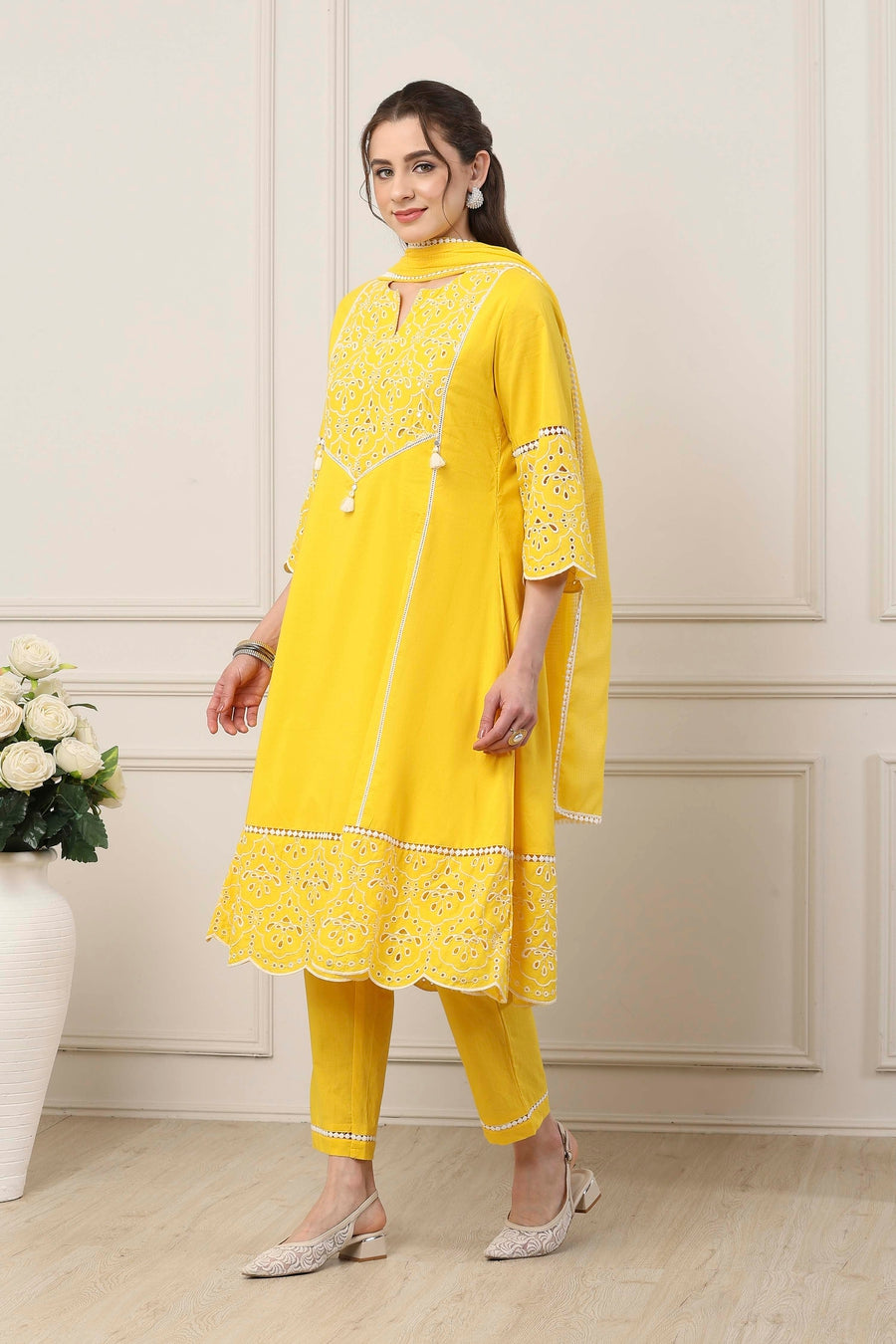 Yellow Cotton Schiffli Embroidered Kalidar Suit Set KS60