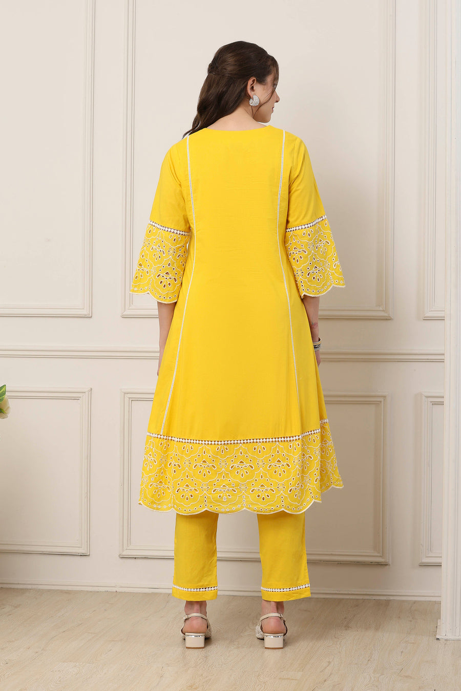 Yellow Cotton Schiffli Embroidered Kalidar Suit Set KS60