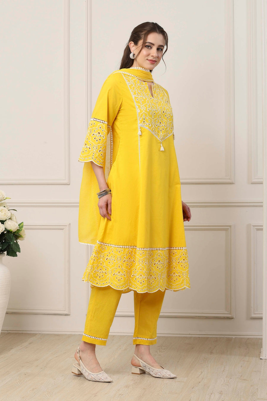 Yellow Cotton Schiffli Embroidered Kalidar Suit Set KS60