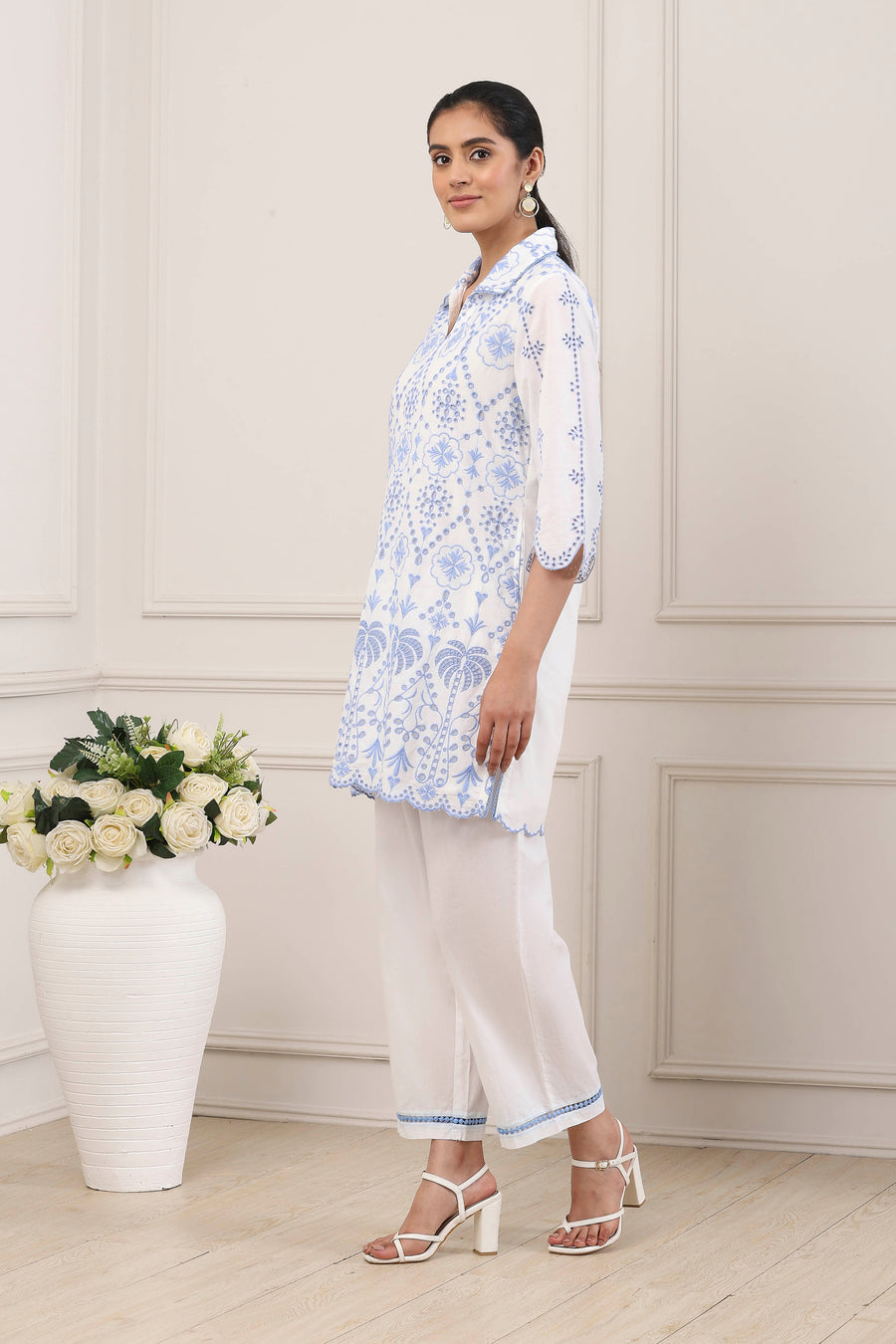 White Cotton Schiffli Embroidered Straight Suit Set CO87