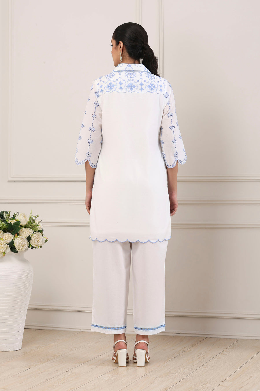 White Cotton Schiffli Embroidered Straight Suit Set CO87