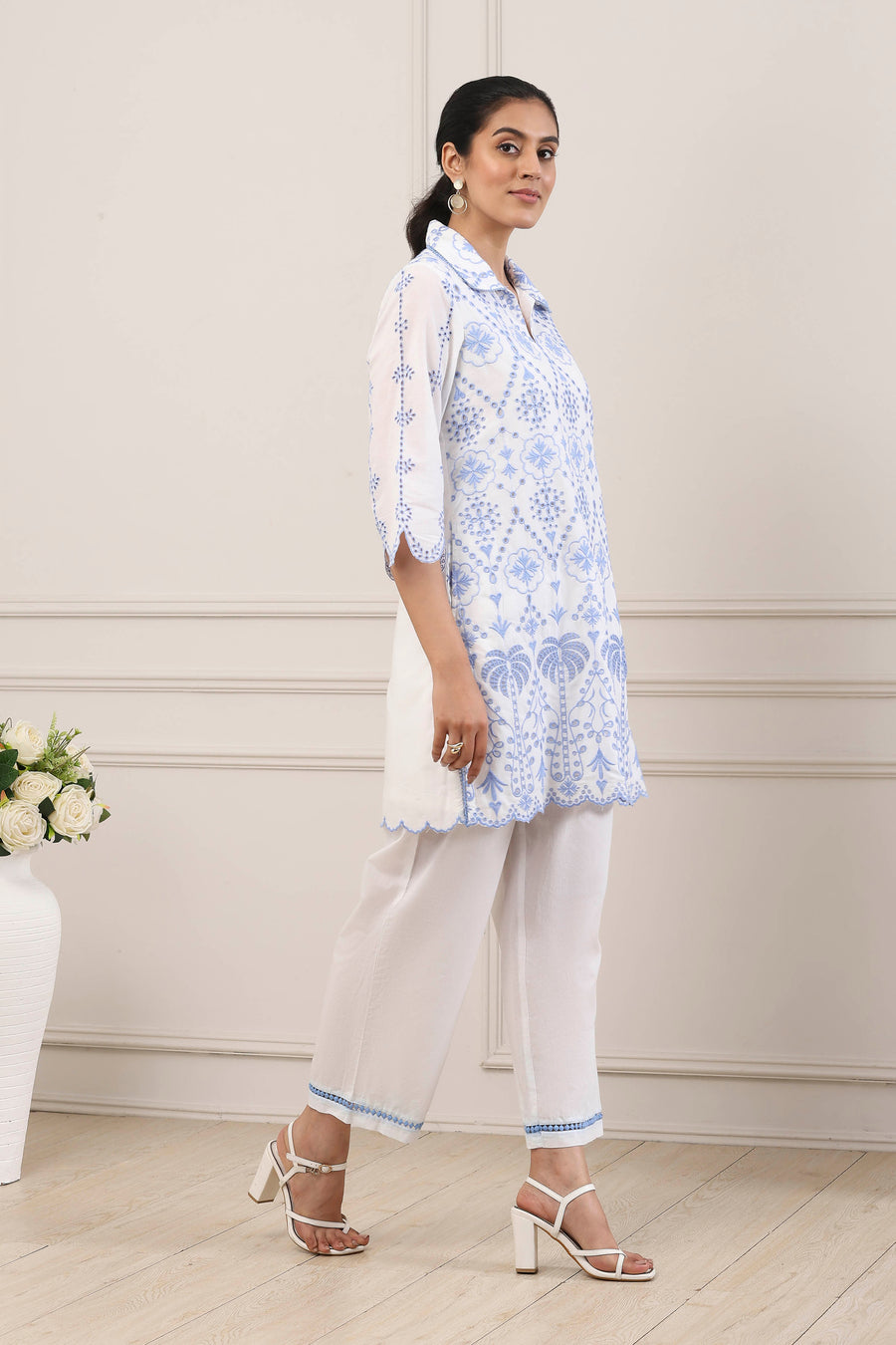 White Cotton Schiffli Embroidered Straight Suit Set CO87
