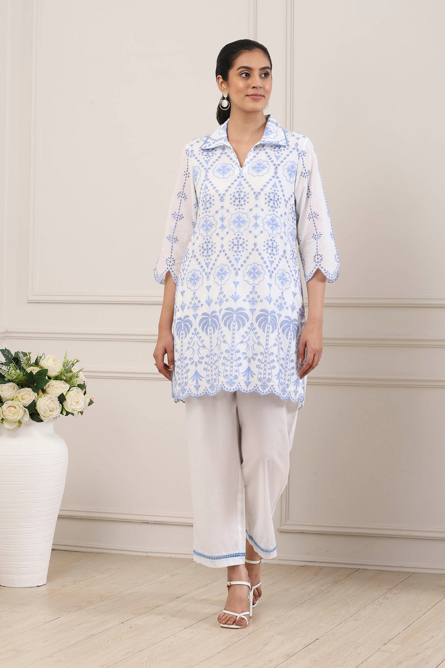 White Cotton Schiffli Embroidered Straight Suit Set CO87
