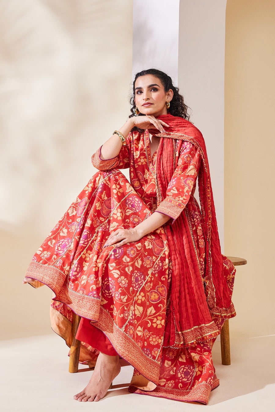 Rust Cotton Printed Anarkali Kurta Set A34