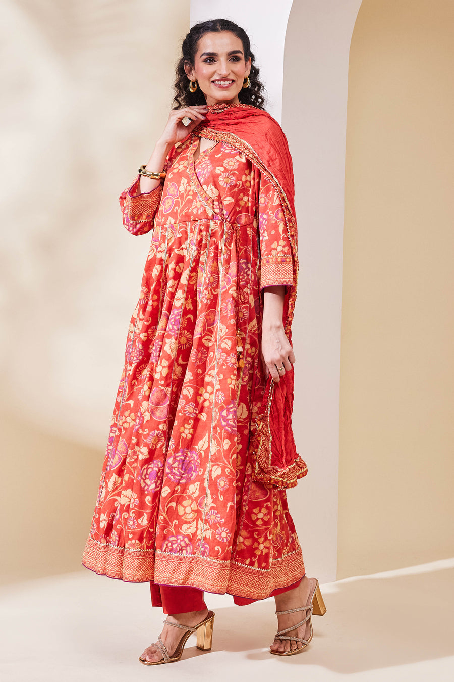Rust Cotton Printed Anarkali Kurta Set A34