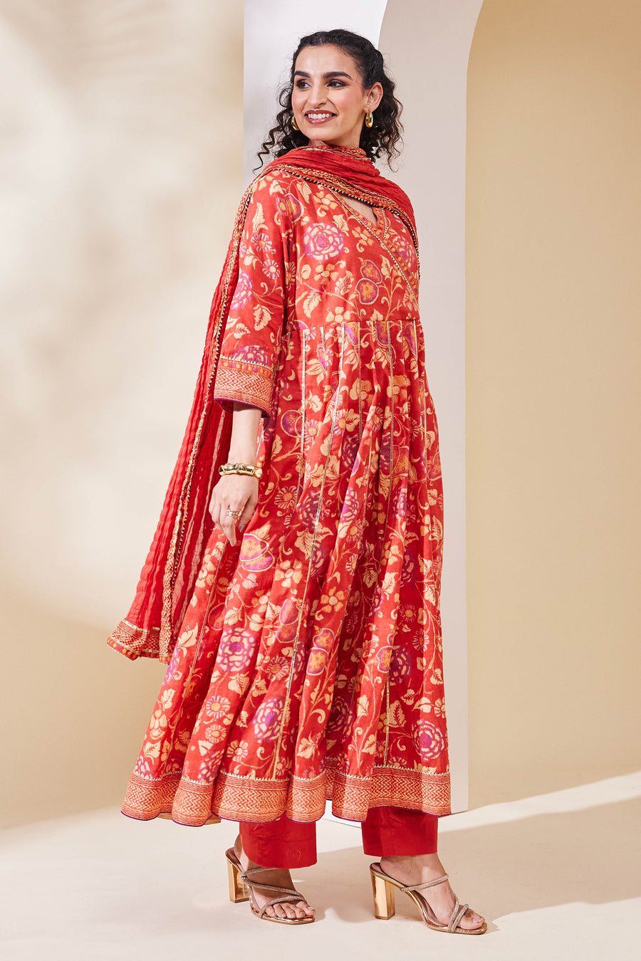 Rust Cotton Printed Anarkali Kurta Set A34