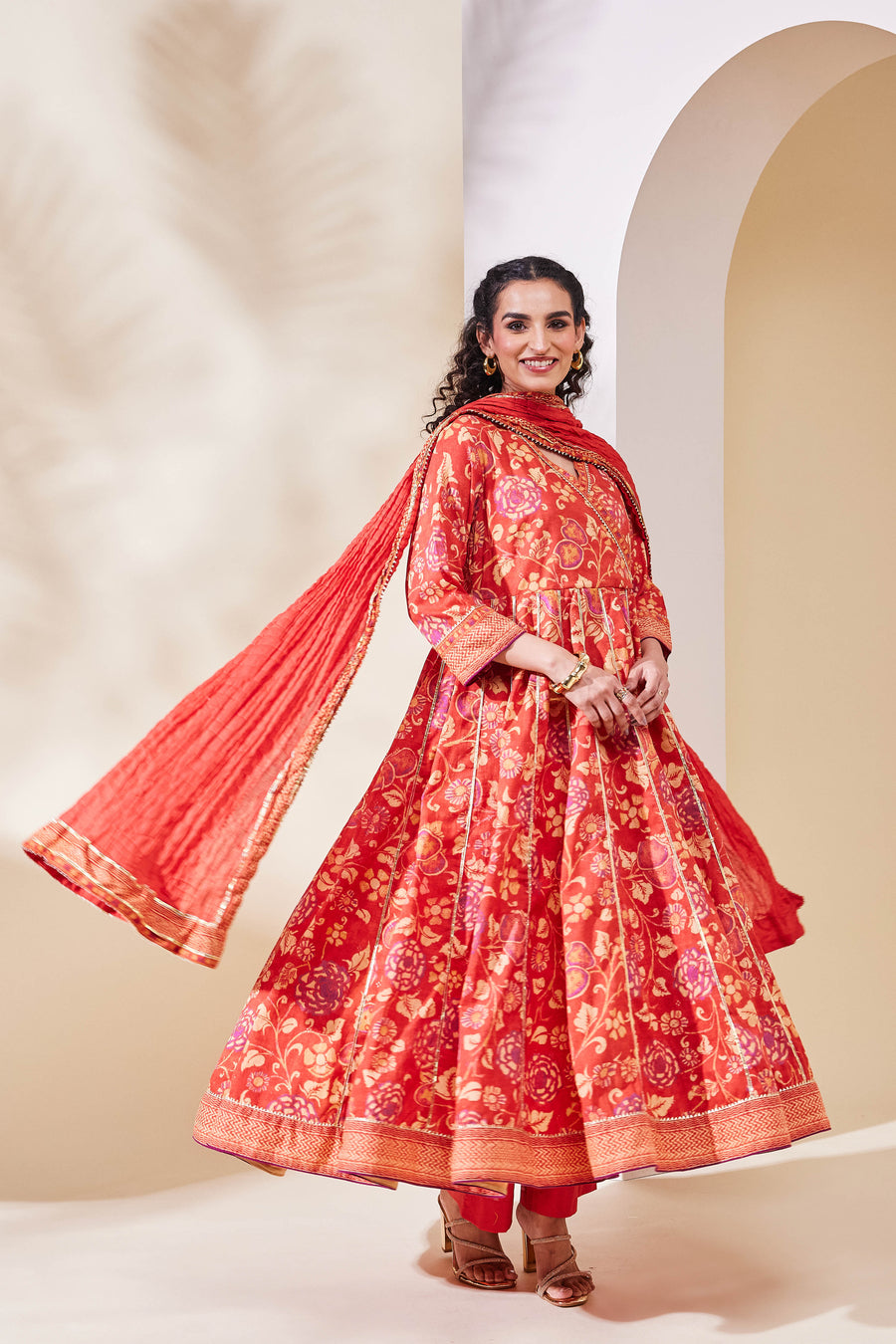 Rust Cotton Printed Anarkali Kurta Set A34