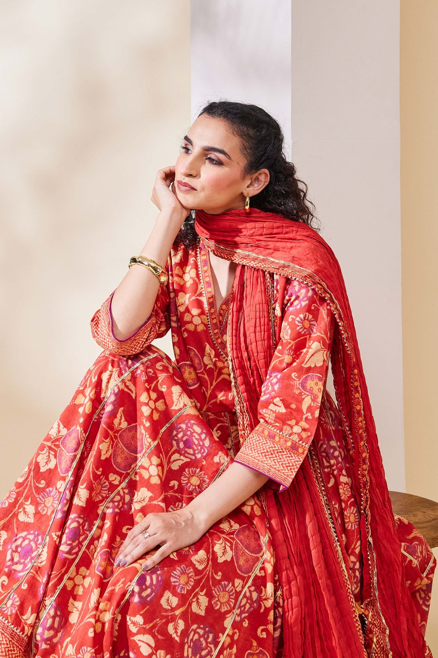 Rust Cotton Printed Anarkali Kurta Set A34