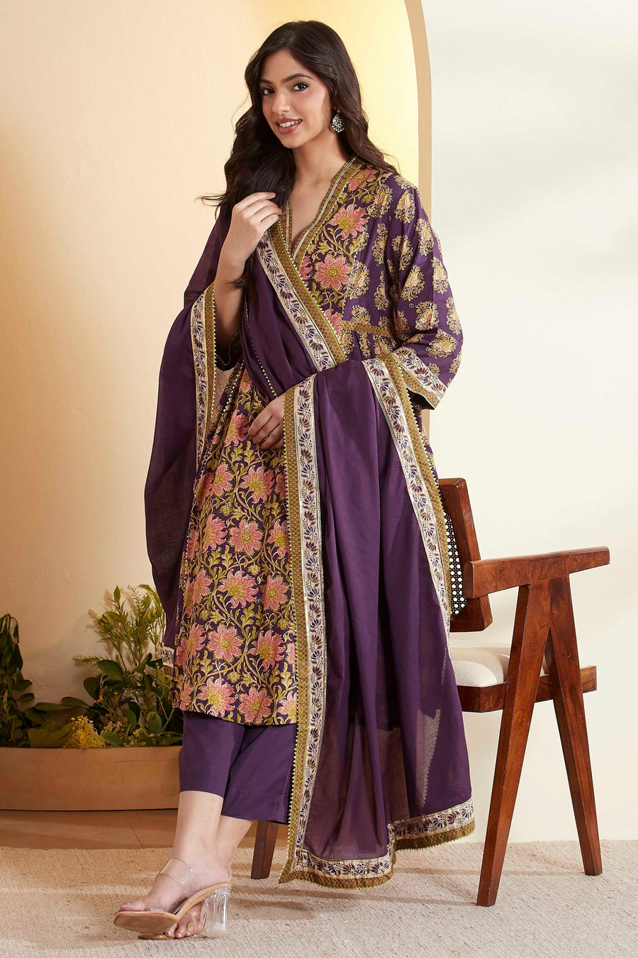 Purple Cotton Floral Printed Kurta Set KS60