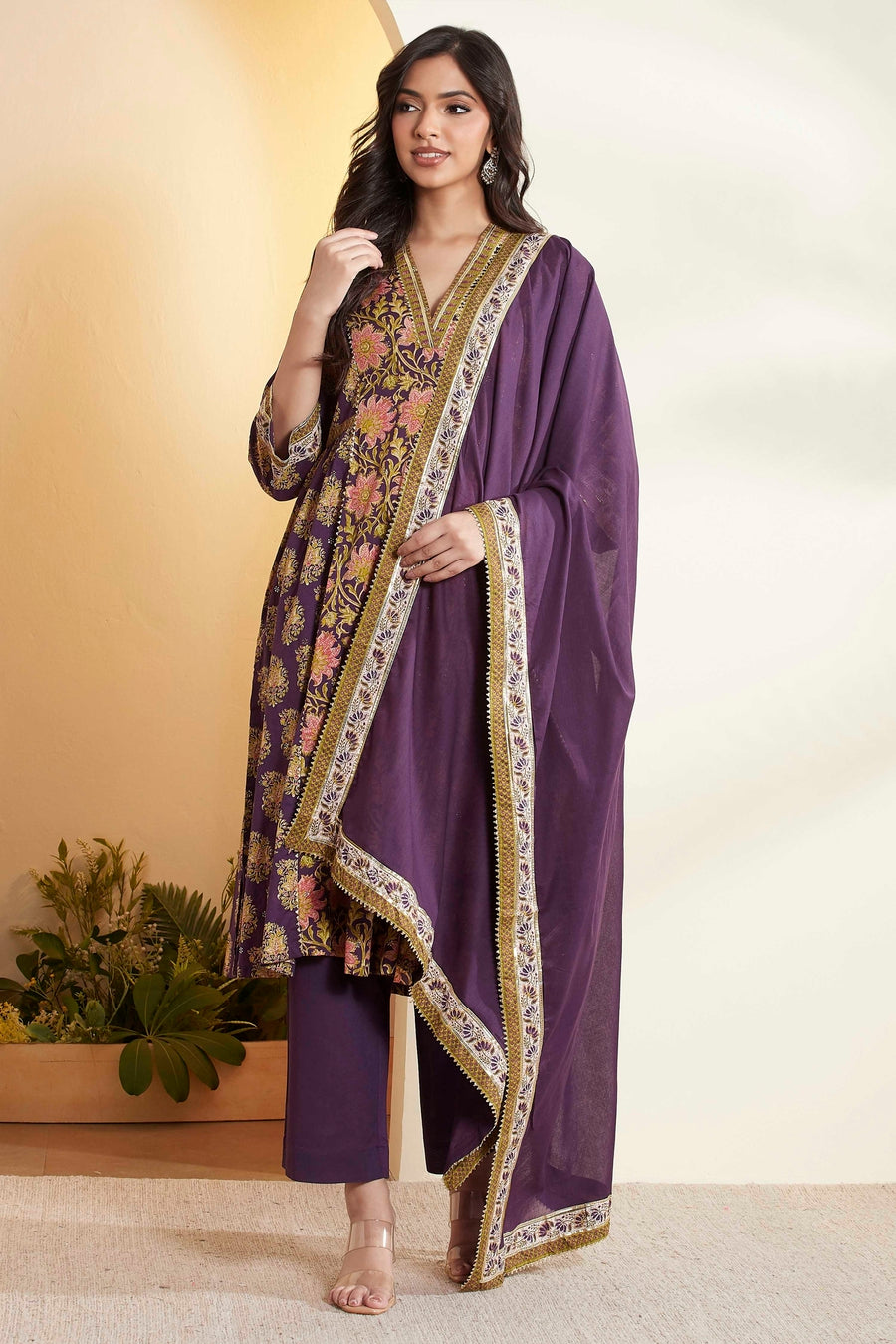 Purple Cotton Floral Printed Kurta Set KS60