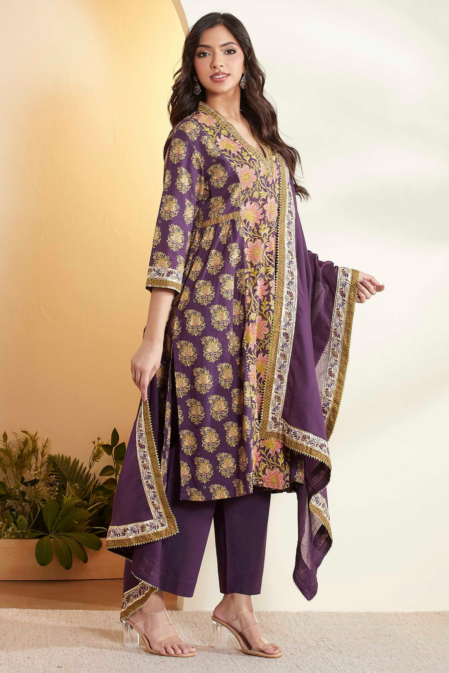 Purple Cotton Floral Printed Kurta Set KS60