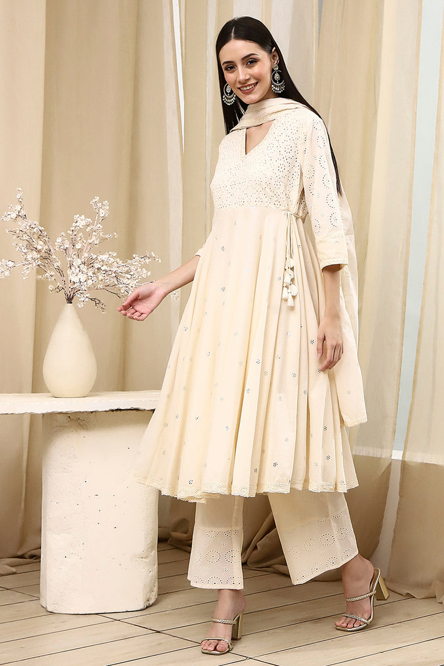 Off-White Cotton Schiffli Anarkali Suit Set A34