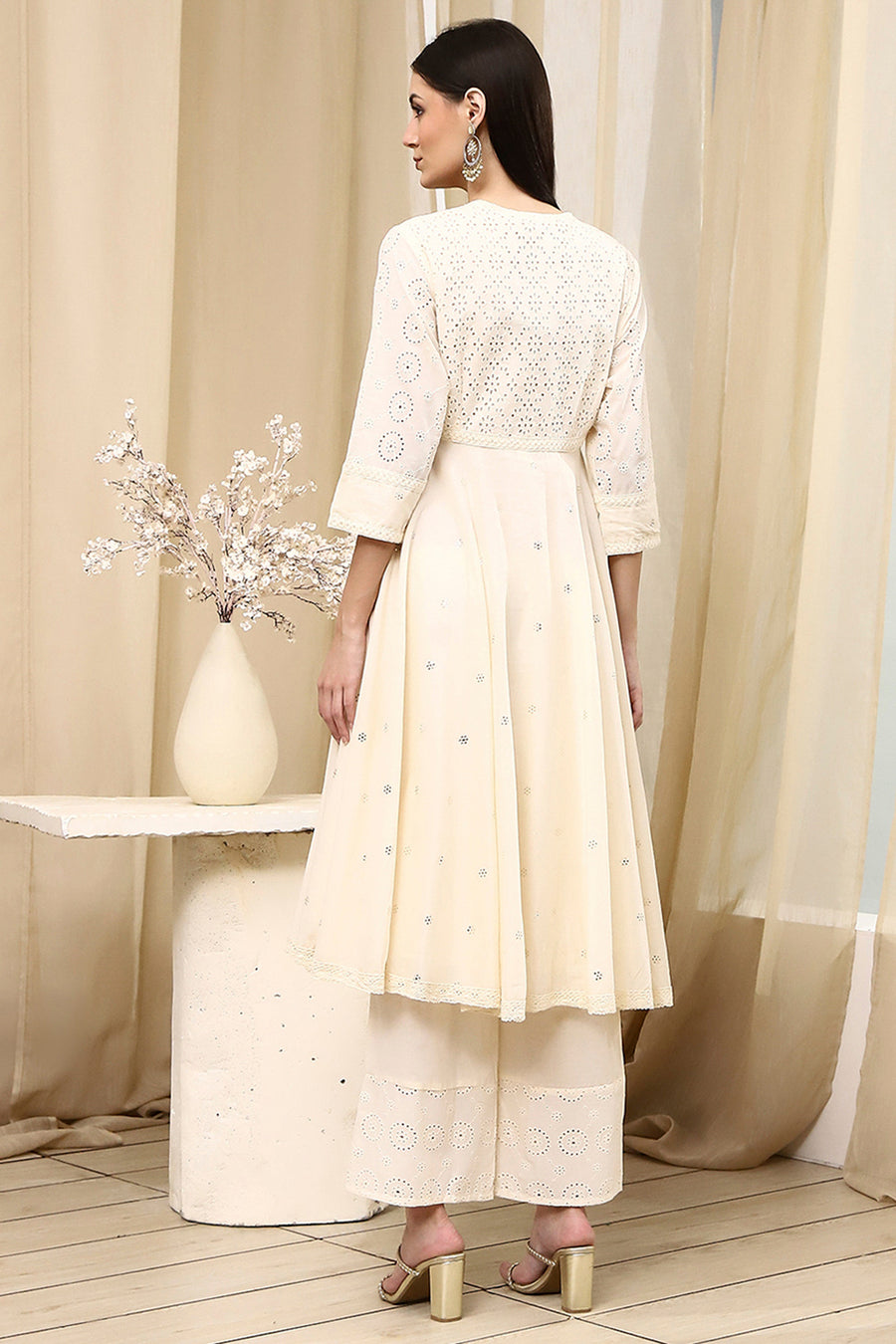 Off-White Cotton Schiffli Anarkali Suit Set A34