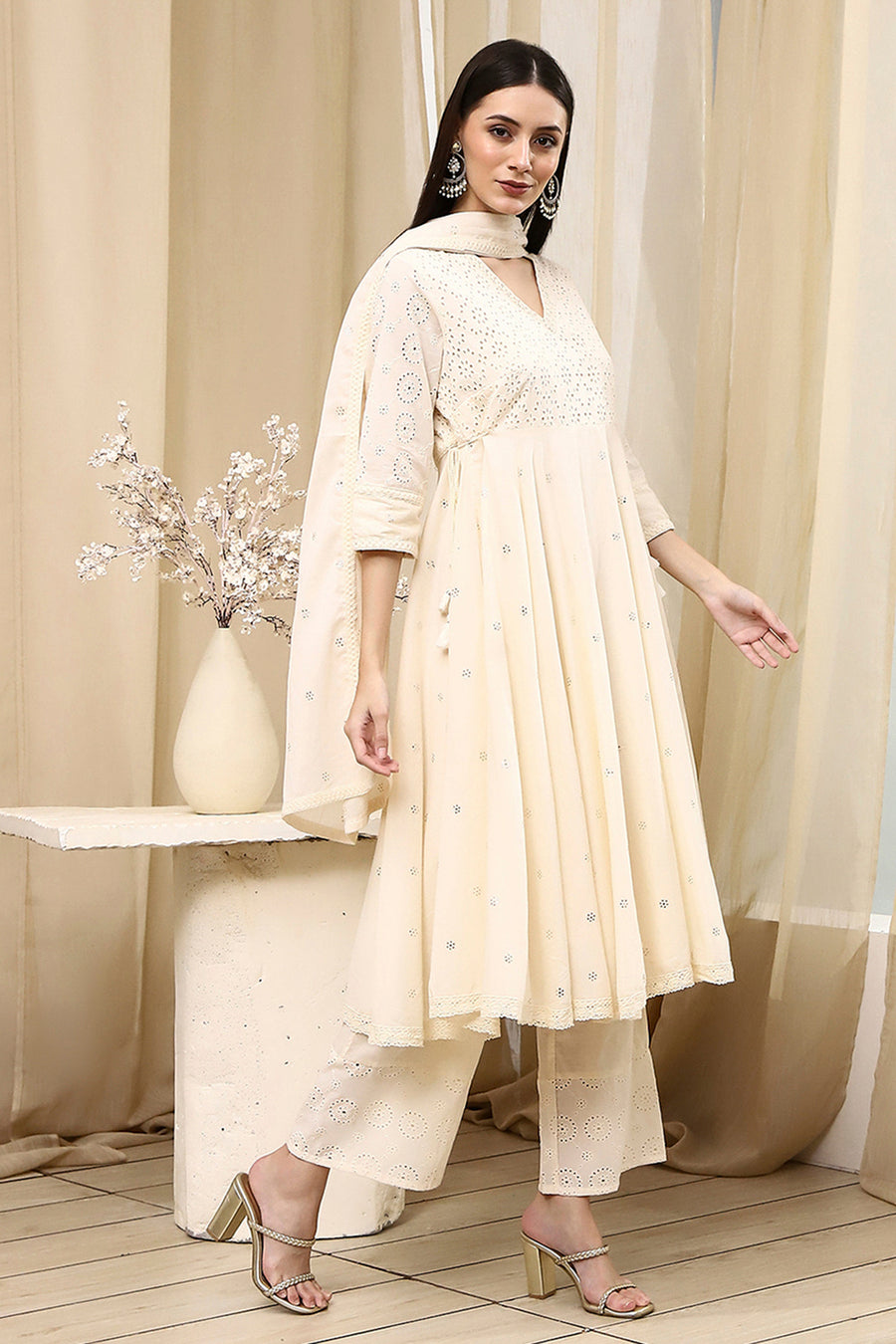 Off-White Cotton Schiffli Anarkali Suit Set A34