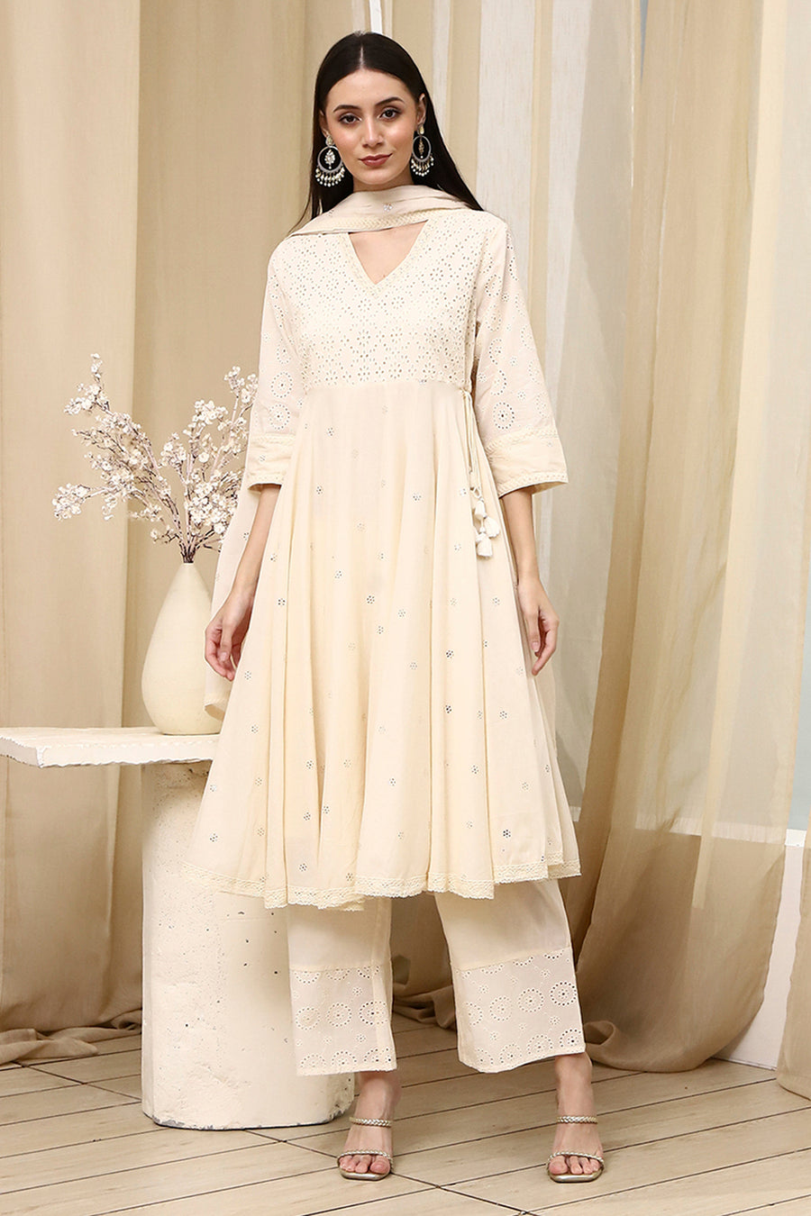 Off-White Cotton Schiffli Anarkali Suit Set A34