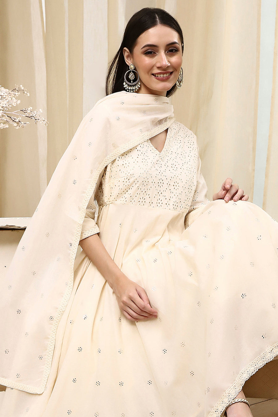 Off-White Cotton Schiffli Anarkali Suit Set A34
