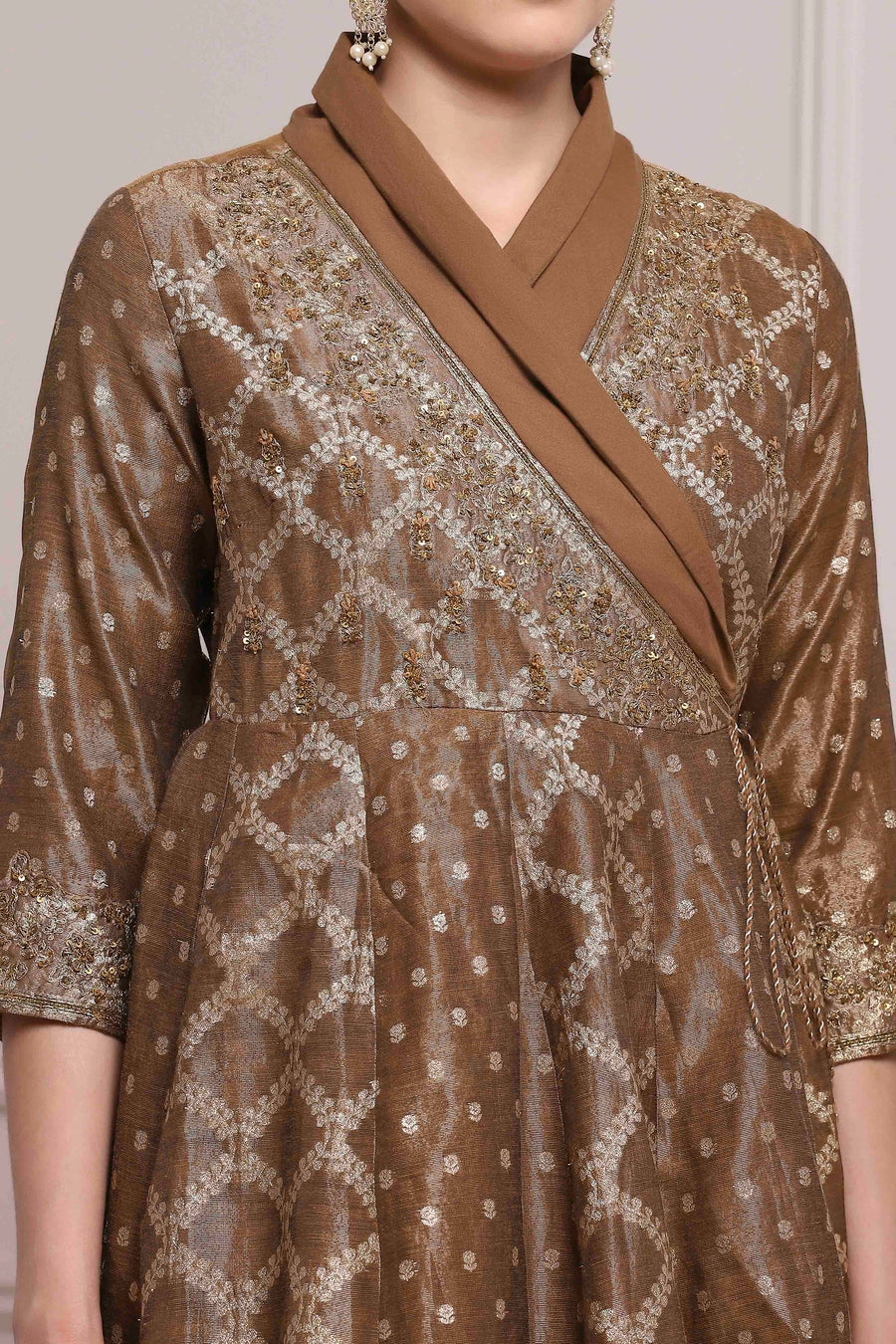 Brown Cotton Tissue Jacquard Printed Anarkali Suit Set A34