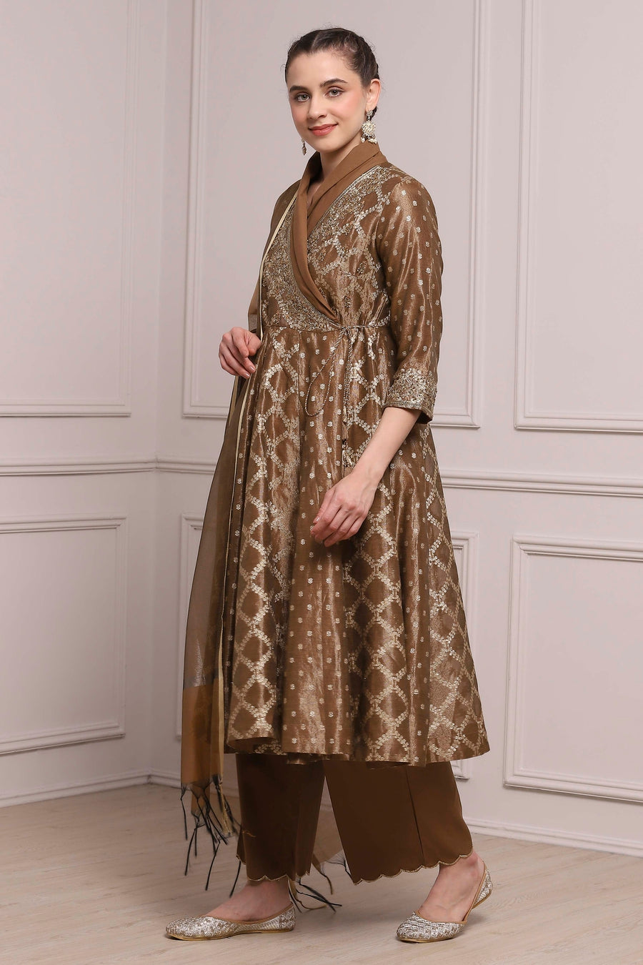 Brown Cotton Tissue Jacquard Printed Anarkali Suit Set A34