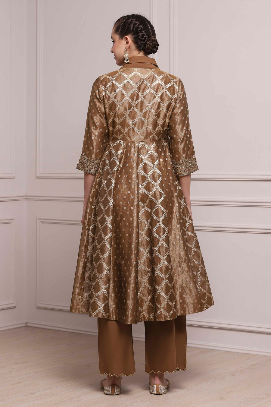 Brown Cotton Tissue Jacquard Printed Anarkali Suit Set A34