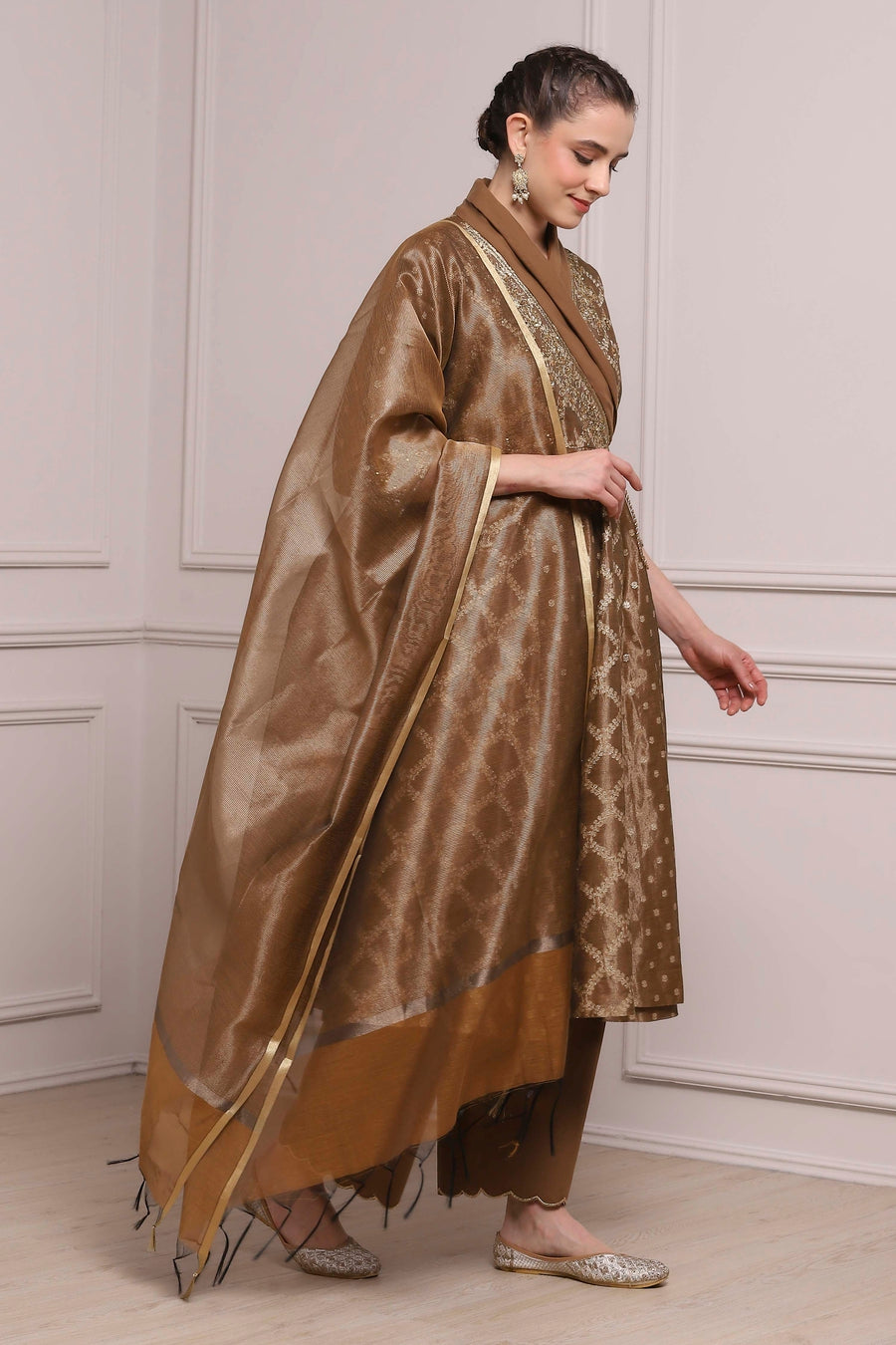 Brown Cotton Tissue Jacquard Printed Anarkali Suit Set A34