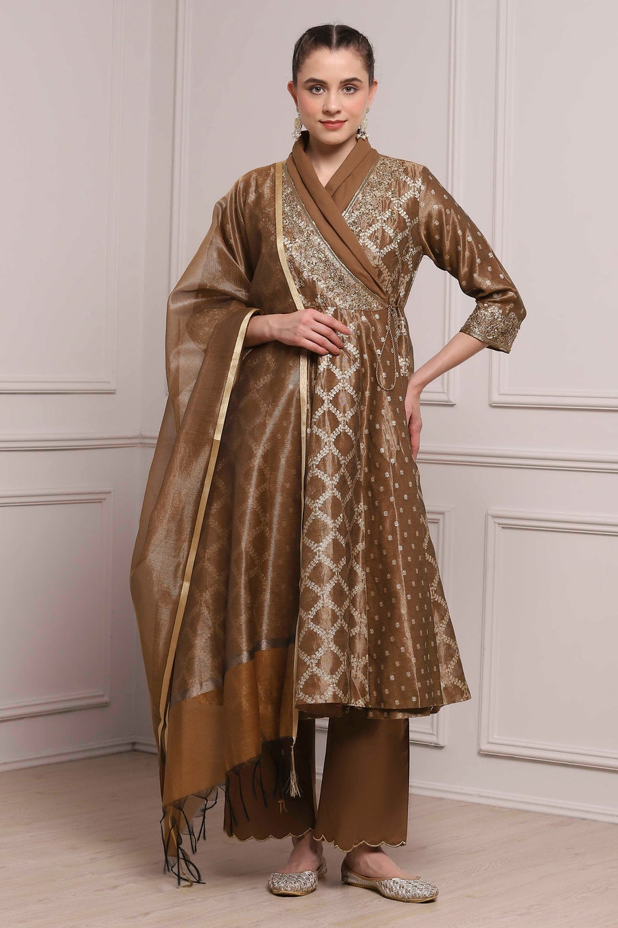 Brown Cotton Tissue Jacquard Printed Anarkali Suit Set A34