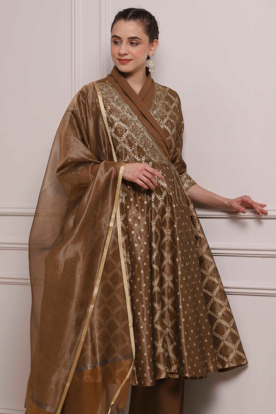 Brown Cotton Tissue Jacquard Printed Anarkali Suit Set A34